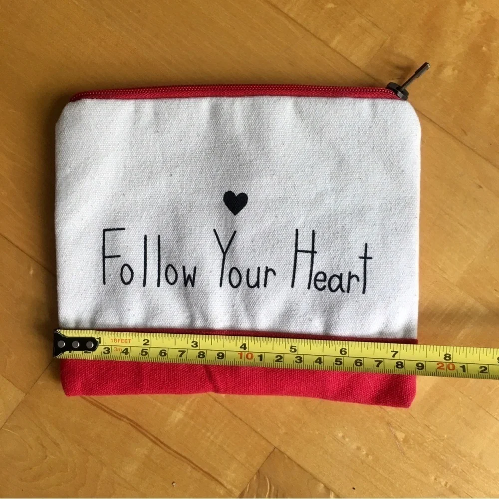 “Follow Your Heart” Cosmetic, Makeup, Travel Canvas Bag, Red, Ivory, Black